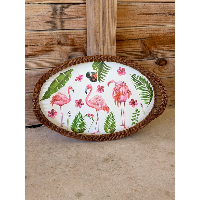 Vintage Coastal Rattan Flamingo Tray With Custom Decoupage Appliqué For Sale - Image 9 of 11
