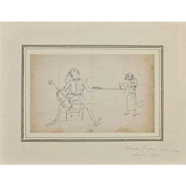 Musician and Dog is an Original China Ink Drawing realized by Charles Jacque (1813-1894). Fair condition on a Yellowed...