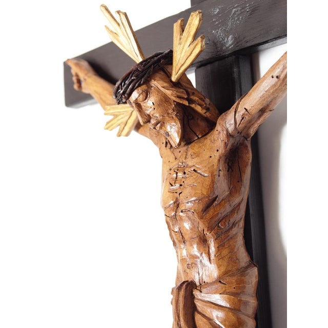 Lime or Linden wood carved body of Jesus on spruce wood cross. Restored. Folk hand crafted, region Bohemia, Vysočina ....