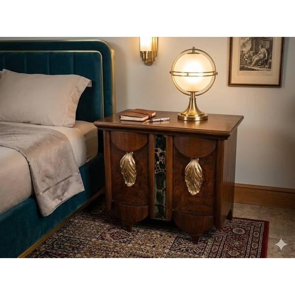 26 1/2” x 17 x 26” tall - Italian art deco nightstand, large brass leaf handles are the main attraction to this...