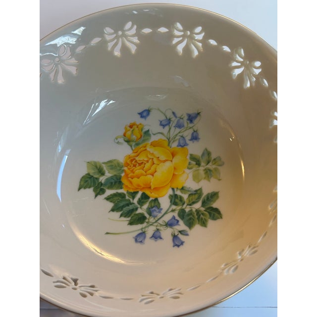 1990s Lenox "Victorian Rose" Pattern Reticulated Central Floral Design 9.5" Diameter Centerpiece/Serving Bowl For Sale - Image 13 of 14
