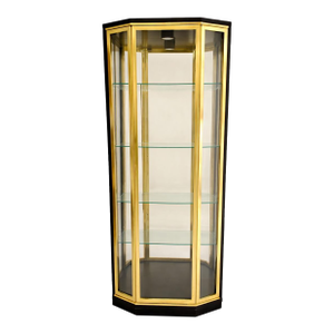 Late 20th Century Henredon Style Black Lacquer and Brass Lighted Curio Display Cabinet