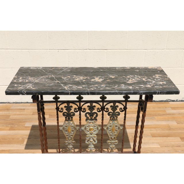 Antique Spanish Revival Entry Hall Table | Wrought Iron, Brass & Black Marble Console | Circa 1910 For Sale In Los Angeles - Image 6 of 18
