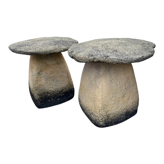 Pair of Vintage Rustic Cast Stone Mushroom Garden Ornaments For Sale
