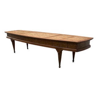 Vintage Mid-Century Modern Burl Wood Coffee Table With Inlaid Top, Tapered Legs and Brass Feet For Sale