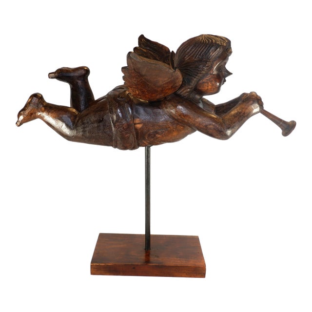 Antique Large Wood Carved Angel W/Trumpet Paper Mache Mold For Sale