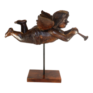Antique Large Wood Carved Angel W/Trumpet Paper Mache Mold