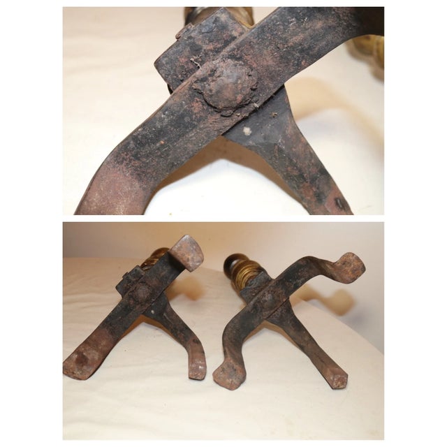 Share Large Pair 18th Century Turned Peened Brass Wrought Iron Fireplace Andirons For Sale - Image 10 of 12