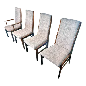 Mid-Century D-Scan Danish Modern Teak Framed Upholstered High Back Dining Chairs - Set 4
