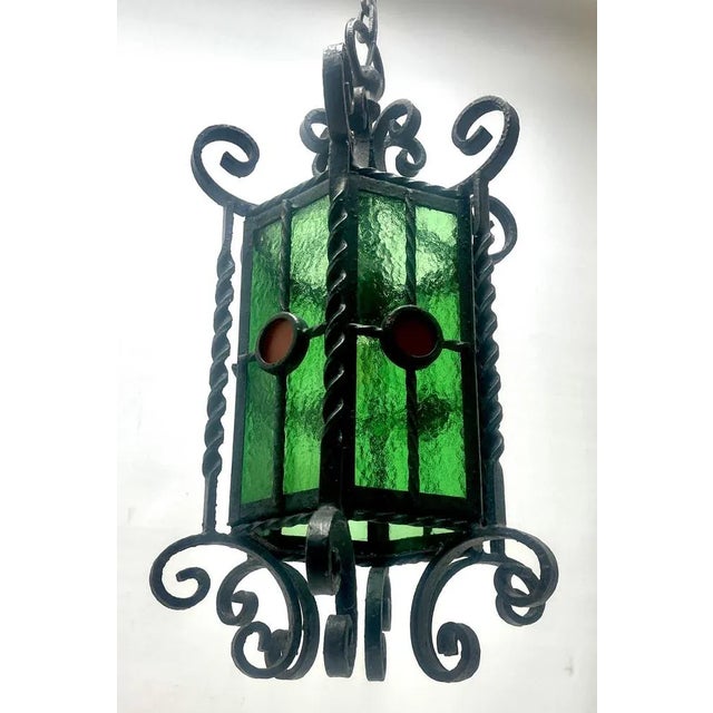 Arts & Crafts Forget and Colored Glass Pendant Lobby Lamp, 1930s For Sale - Image 4 of 11