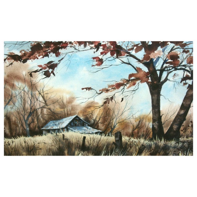 Realism 1960s Mid Century Rural Farmhouse Landscape Watercolor Painting with Barn by Kay Swanson For Sale - Image 3 of 6