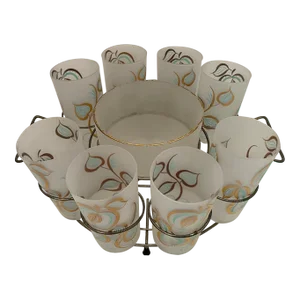 Mid Century Frosted Glass Cocktail Set Glasses With Ice Bucket, Swizzle Sticks and Carrier Caddy- 16 Pieces