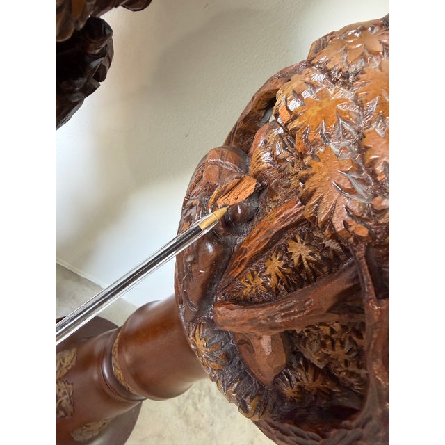 Vintage Handcrafted - Intricate Wildlife Relief Carvings Asian Teak Wood Floor Vases – Pair For Sale - Image 12 of 12