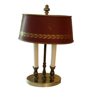 Early 20th Century Small Double Bouillotte Lamp With Red Tole Shade For Sale