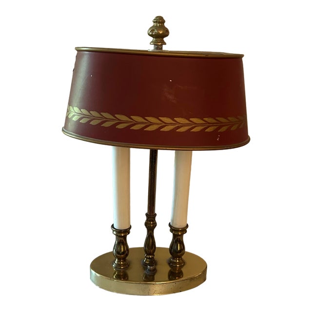 Early 20th Century Small Double Bouillotte Lamp With Red Tole Shade For Sale