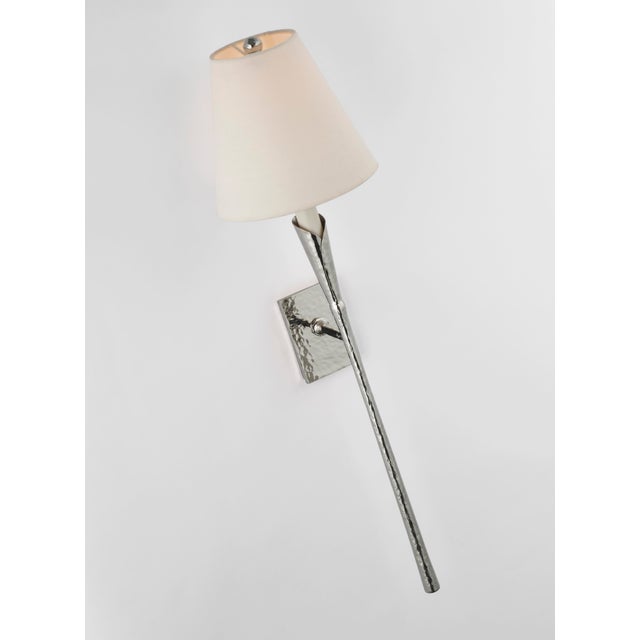 Aiden Large Tail Sconce in Polished Nickel with Linen Shade Designer: Chapman & Myers Height: 32" Extension: 8.75"...