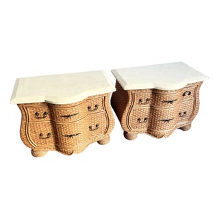 Vintage Boho Chic Tessellated Stone Top Wicker Nightstands by Whitecraft, 2 Pieces For Sale