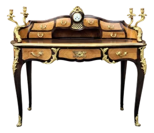 Late 19th C. Louis XV Ormolu Tulipwood and Kingwood Parquetry Tooled Leather Top Lady's Bureau
