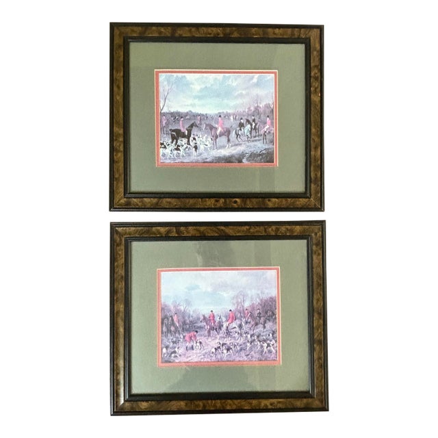 Vintage Framed English Fox Hunting Scene Art Prints Burlwood Frame - Set of 2 For Sale