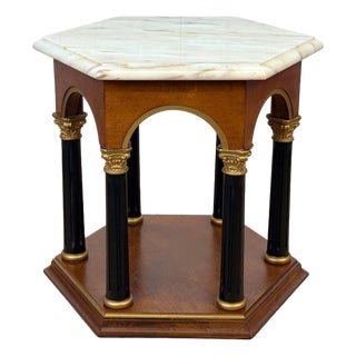 Vintage Neoclassical Marble Top Column Hexagon Side Table For Sale