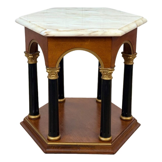 Vintage Neoclassical Marble Top Column Hexagon Side Table For Sale