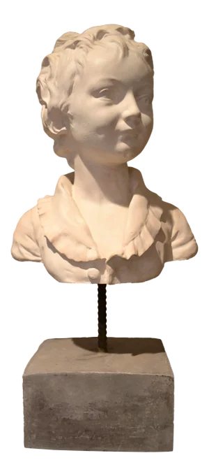 Plaster Bust Sculpture - Young Man's Head on Stone Pedestal