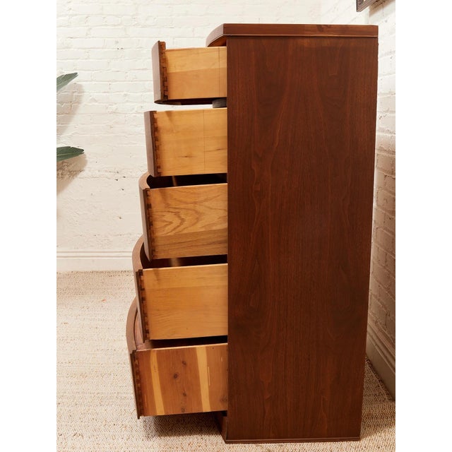 Mid 20th Century Five Drawer Bowed Front Art Deco Dresser Highboy For Sale - Image 4 of 11