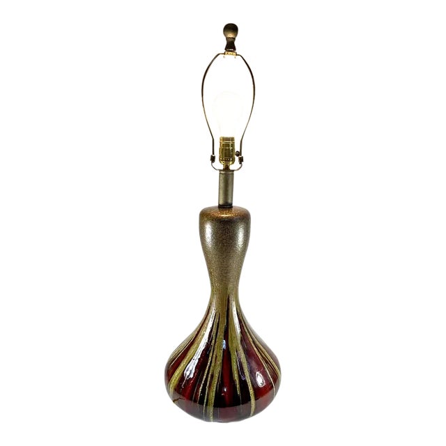 Mid-Century Modern Table Lamp Drip Glaze Brown Chartreuse Gold Flecks For Sale