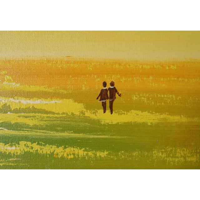Wood Vintage 1970s Lovers in the Flower Field Landscape Painting For Sale - Image 7 of 11