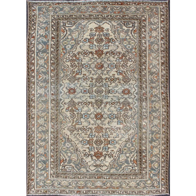 Antique Persian Malayer Rug With Soft Blue, Ivory, and Brown Geometric Medallion Design For Sale - Image 12 of 12