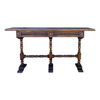 Spanish Carved Wood Console Table With Two Drawers Signed by Valenti For Sale