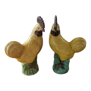 Pair of Early 20th Century Chinese Sancai Glazed Porcelain Roosters Figurines