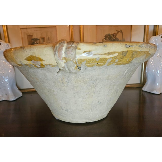 Yellow A Monumental 19th Century French Tian Bowel With 2 Loop Handles and Beautiful Poor Spout For Sale - Image 8 of 18