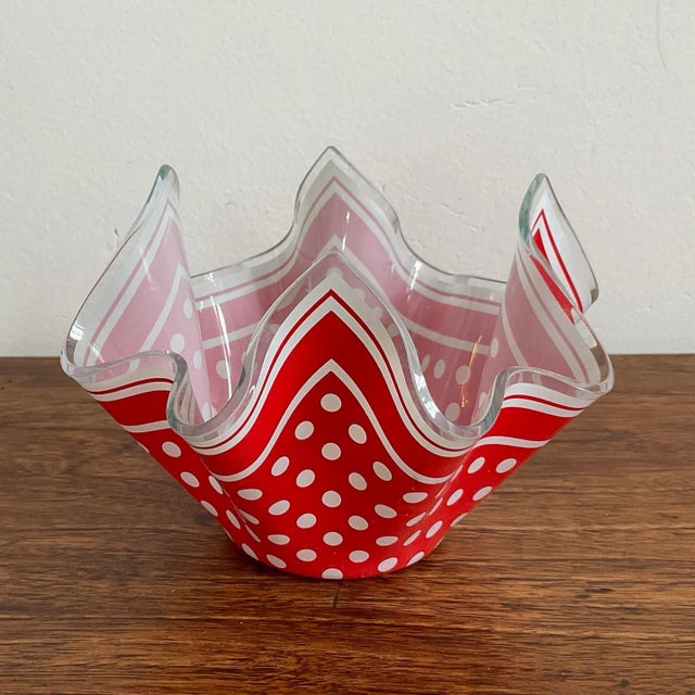 Mid-Century Modern Vintage Glass Kerchief Form Bowl, Red Dots For Sale - Image 3 of 7