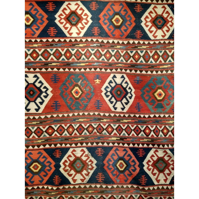 19th Century Caucasian Kazak Kilim, Geometric Pattern, Wool Flatweave, Blue & Green, 7' X 12' For Sale - Image 16 of 18