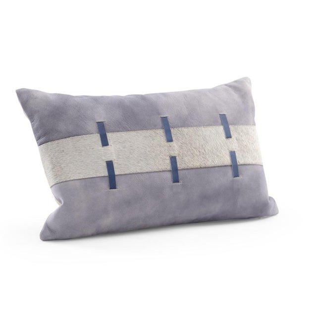 Gray suede with gray hair on hide strip laced with blue suede natural linen backing with side zipper, down & feather...
