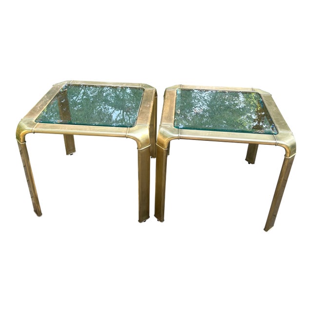 Pair of Vintage Modern John Widdicomb Brass and Glass Top Tables For Sale