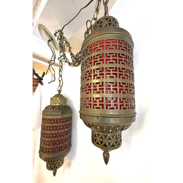 1900's Middle Eastern Hammered & Pierced Brass Swag Electrified Lanterns With Red Liner- A Pair For Sale - Image 10 of 18