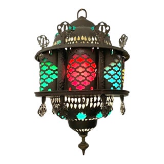 Vintage Lantern Pierced Metal and Glass Pendant Swag Light Moroccan Decor For Sale