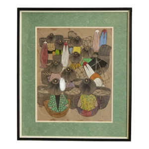 Vintage Thailand Market Original Mixed Media Drawing, Signed