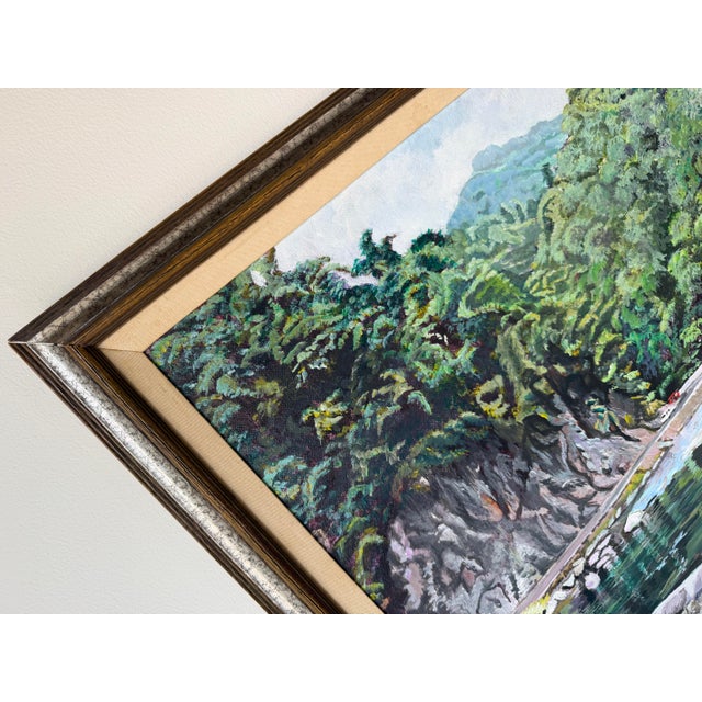 1970s Vintage Tropical River Landscape Oil on Canvas Painting, Framed For Sale - Image 10 of 12
