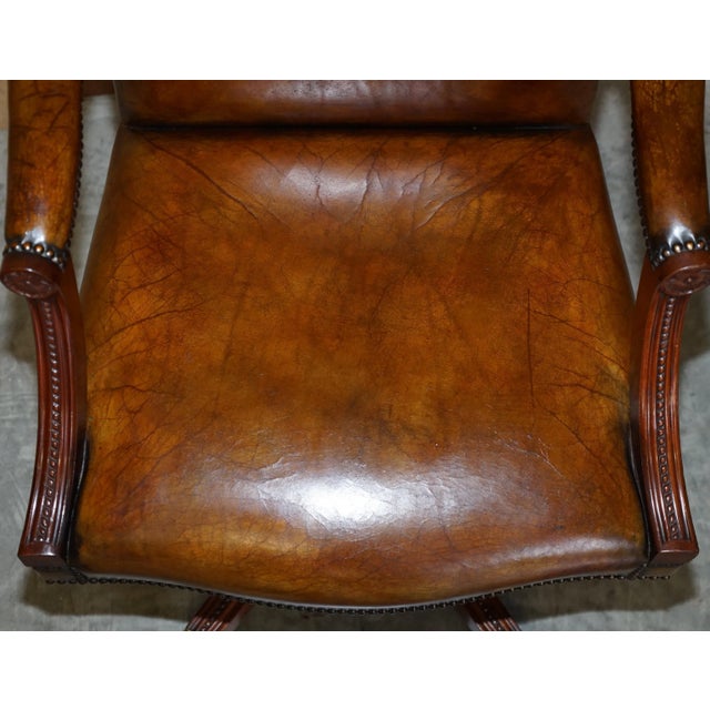 Vintage Brown Leather Oak Framed Captains Directors Armchair For Sale - Image 5 of 17