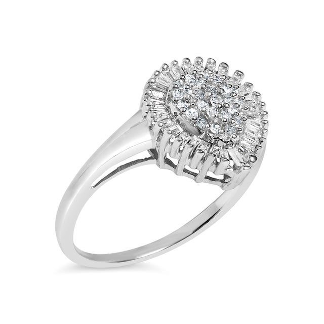 Contemporary 10K White Gold 1/2 Cttw Round & Baguette Cut Diamond Pear Shaped Domed Pav�� Cluster with Halo Cocktail Ring, Size 7-1/4 For Sale - Image 3 of 7