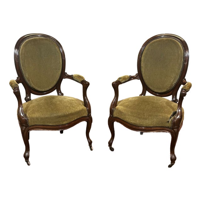 19th-Century Napoleon III Mahogany Armchairs, Set of 2 For Sale