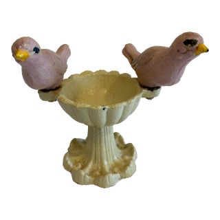 Vintage Cast Iron Bird Feeder Decor With Pink Birds on Pedestal Base For Sale