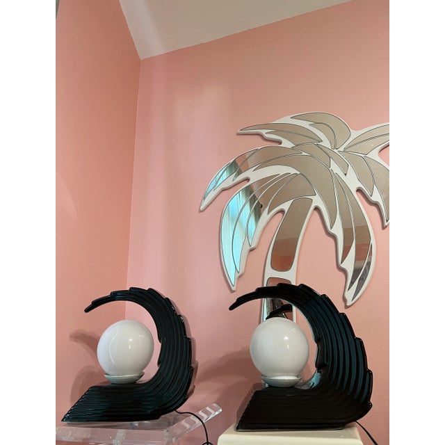 1980s Art Deco Revival Black Ceramic Wave Lamps - a Pair