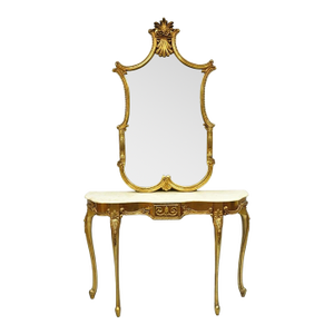 Vintage French Louis XV Victorian Style Gold Gilt Console Table & Mirror - 2 PCS