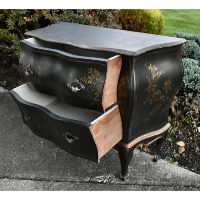 Antique Petite Bombe 2 Drawer Italian Chinoiserie Black Gold Commode For Sale - Image 11 of 13