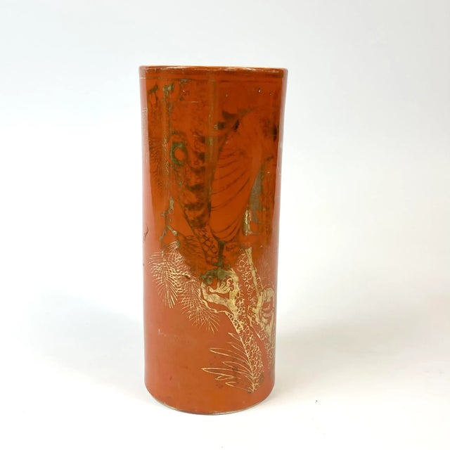 Mid 19th Century Mid 19th Century Orange Vase With Gold Gild Stork For Sale - Image 5 of 11