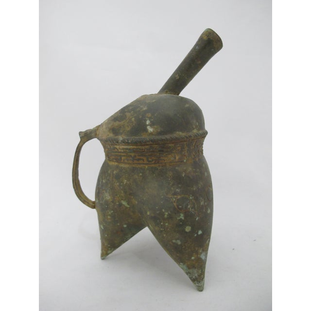 Metal Chinese Bronze Ware Taotie Face Portable Wine Ritual Tripod Pot Vessel For Sale - Image 7 of 14